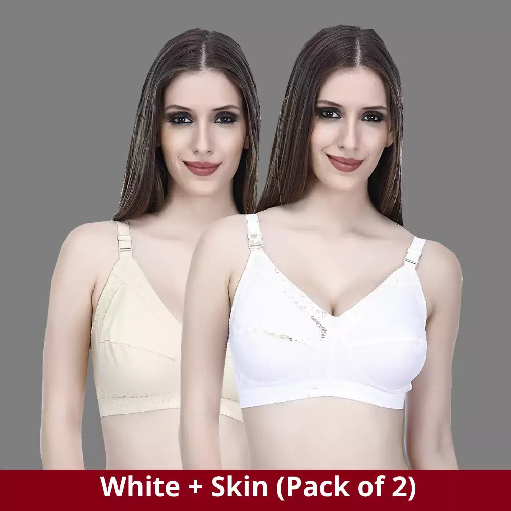Sports Bra for Girls and Women |Full Coverage | Broad Strap | Non-Padded |  White - Nude (Pack of 2)