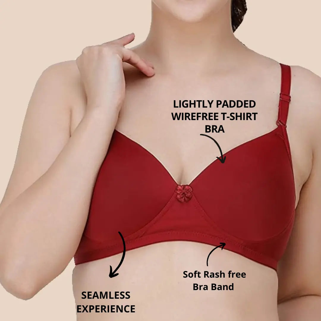 Lightly Padded Polyamide Cotton T-Shirt Bra for Women - Padded, Wireless, 3/4th Coverage maroon (Pack of 2)