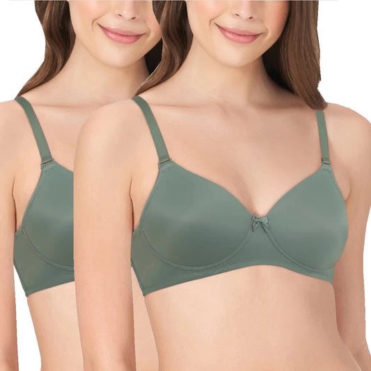 Lightly Padded Polyamide Cotton T-Shirt Bra for Women - Padded, Wireless, 3/4th Coverage Cedar (Pack of 2)