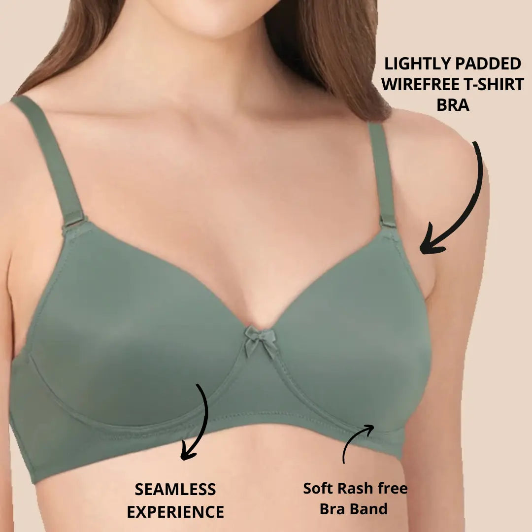 Lightly Padded Polyamide Cotton T-Shirt Bra for Women - Padded, Wireless, 3/4th Coverage Cedar (Pack of 2)