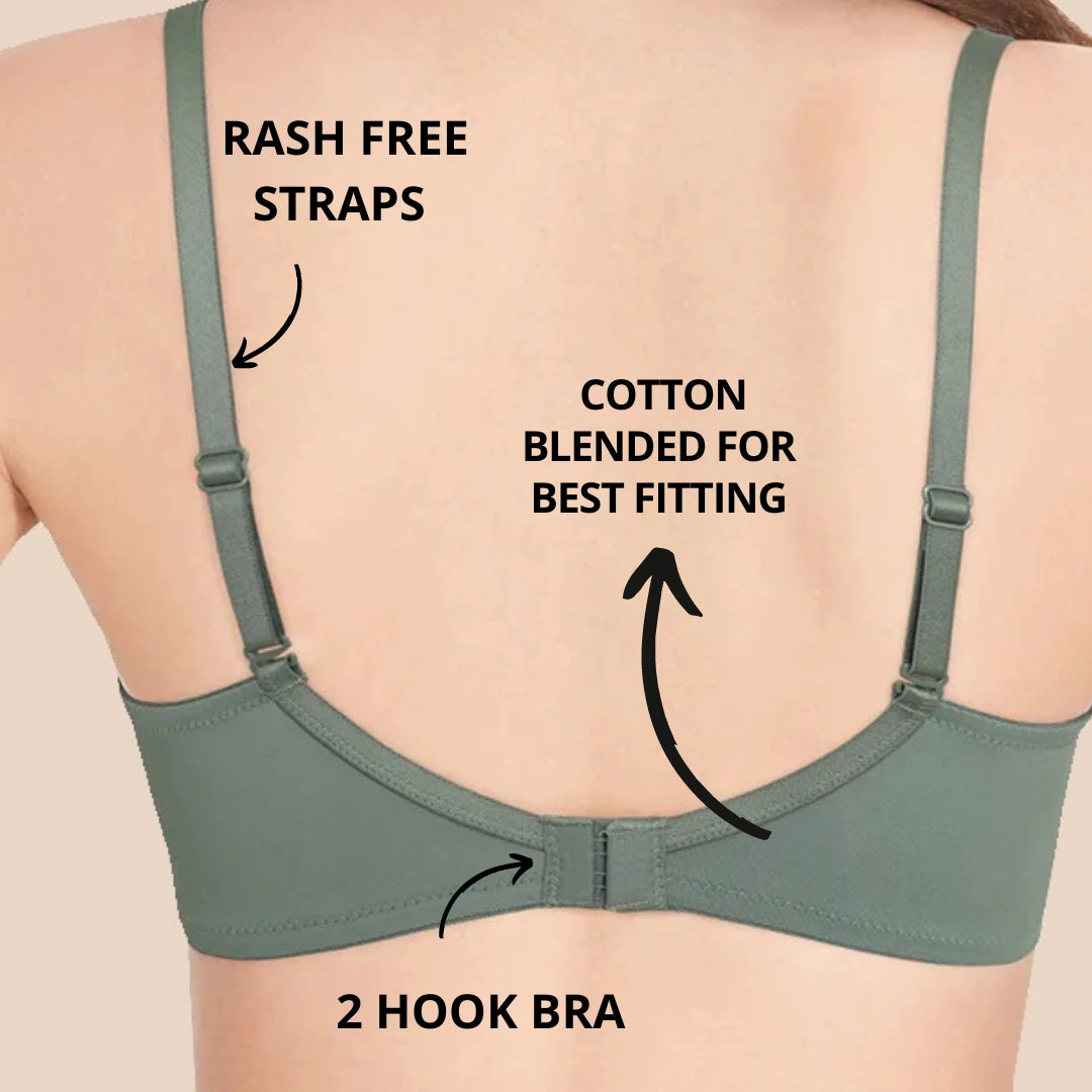 Lightly Padded Polyamide Cotton T-Shirt Bra for Women - Padded, Wireless, 3/4th Coverage Cedar (Pack of 2)