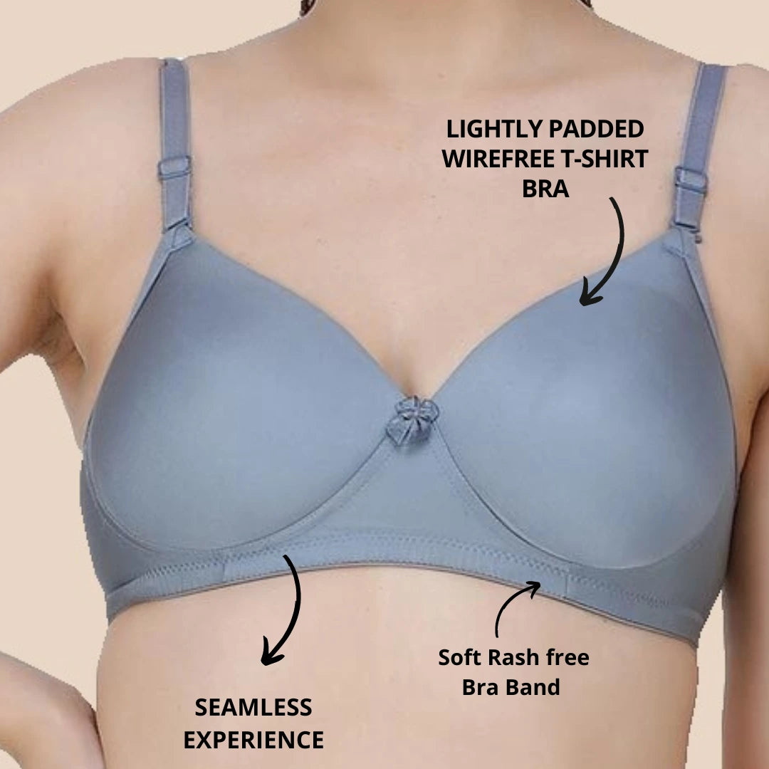 Lightly Padded Polyamide Cotton T-Shirt Bra for Women - Padded, Wireless, 3/4th Coverage Grey (Pack of 2)