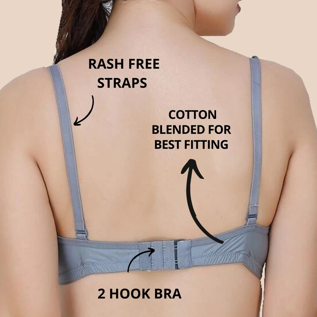 Lightly Padded Polyamide Cotton T-Shirt Bra for Women - Padded, Wireless, 3/4th Coverage Grey (Pack of 2)