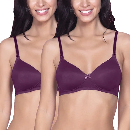 Lightly Padded Polyamide Cotton T-Shirt Bra for Women - Padded, Wireless, 3/4th Coverage Violet (Pack of 2)