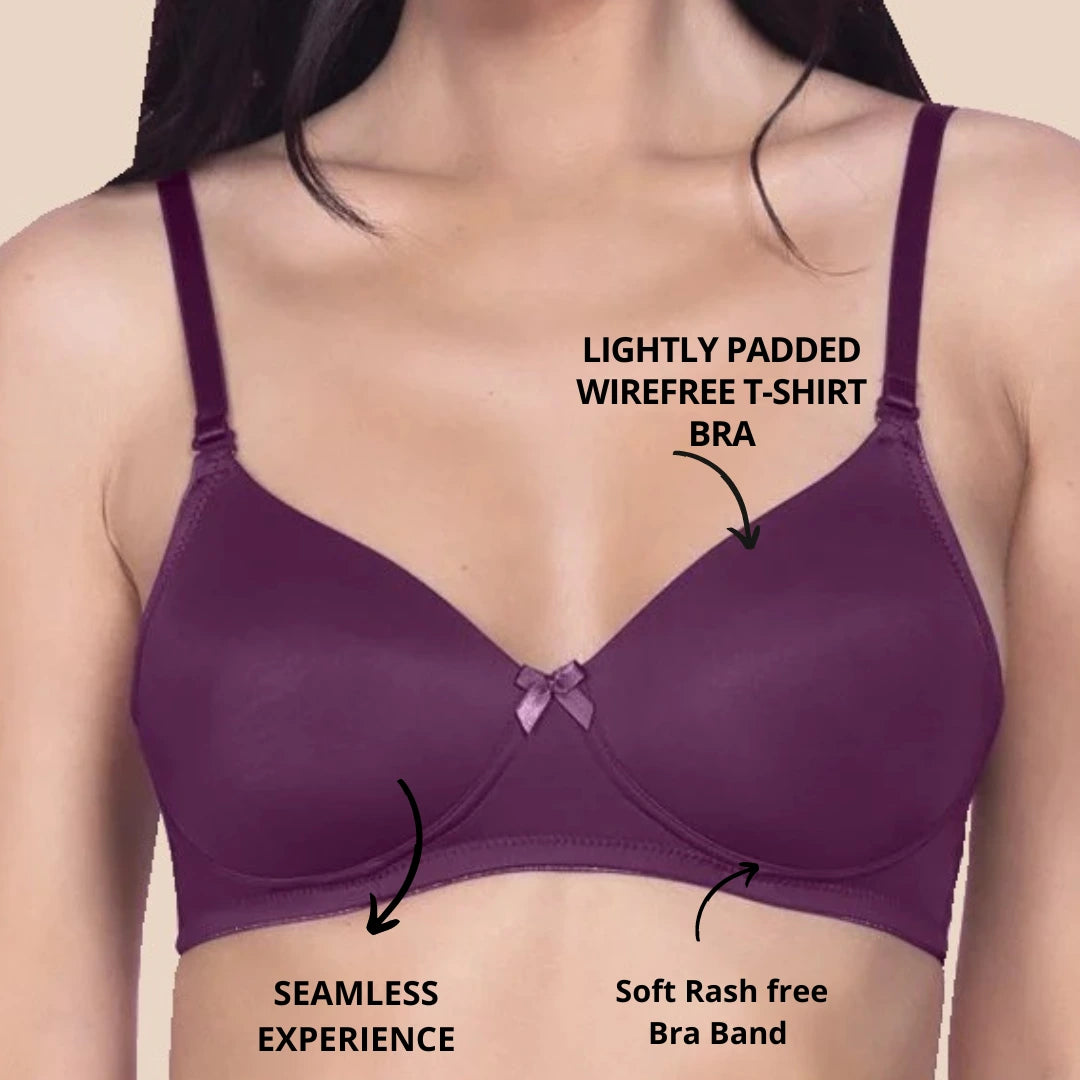 Lightly Padded Polyamide Cotton T-Shirt Bra for Women - Padded, Wireless, 3/4th Coverage Violet (Pack of 2)