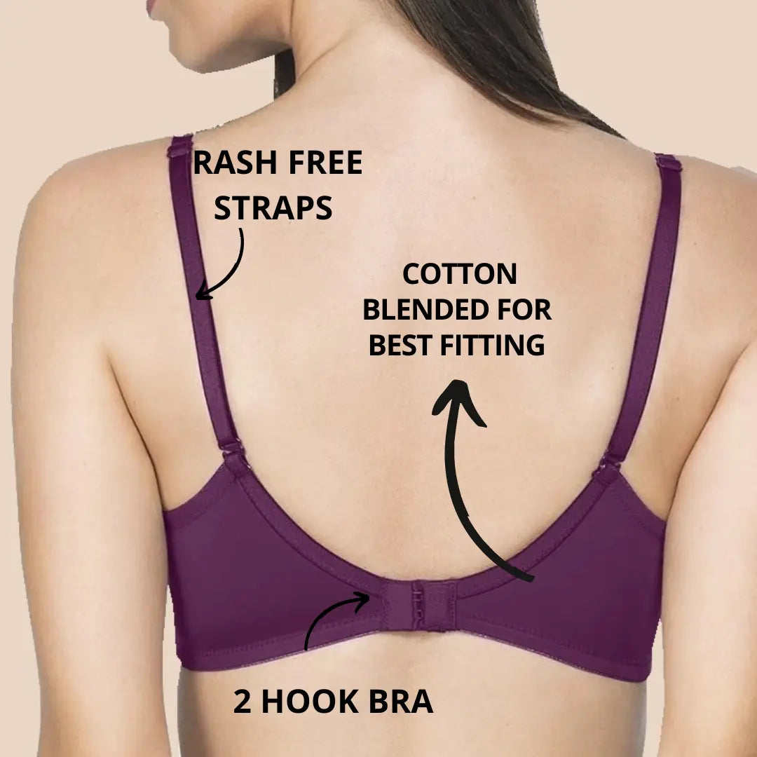 Lightly Padded Polyamide Cotton T-Shirt Bra for Women - Padded, Wireless, 3/4th Coverage Violet (Pack of 2)