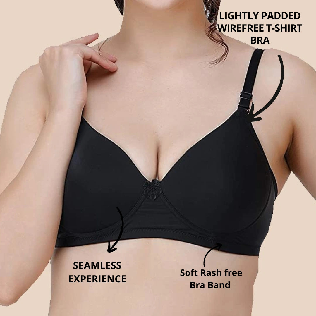 Lightly Padded Polyamide Cotton T-Shirt Bra for Women - Padded, Wireless, 3/4th Coverage (Pack of 2)