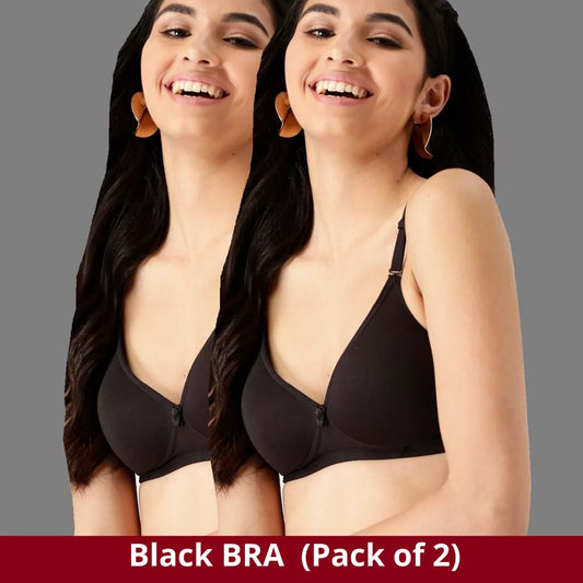 Tshirt Seamless Non Padded Bra Cotton Double Layer Black Bra for Girls (Pack of 2)