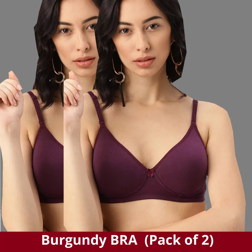 Tshirt Seamless Non Padded Bra Cotton Double Layer Burgundy Bra for Girls (Pack of 2)