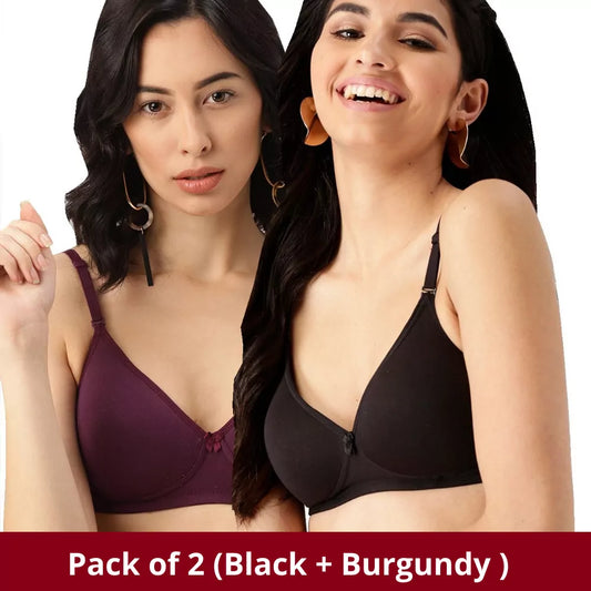 Tshirt Seamless Non Padded Cotton Bra Black Burgundy (Pack of 2)