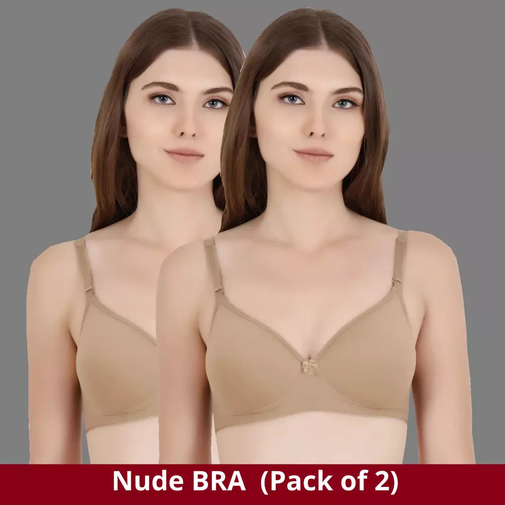 Tshirt Seamless Non Padded Bra Cotton Double Layer Nude Bra for Girls (Pack of 2)