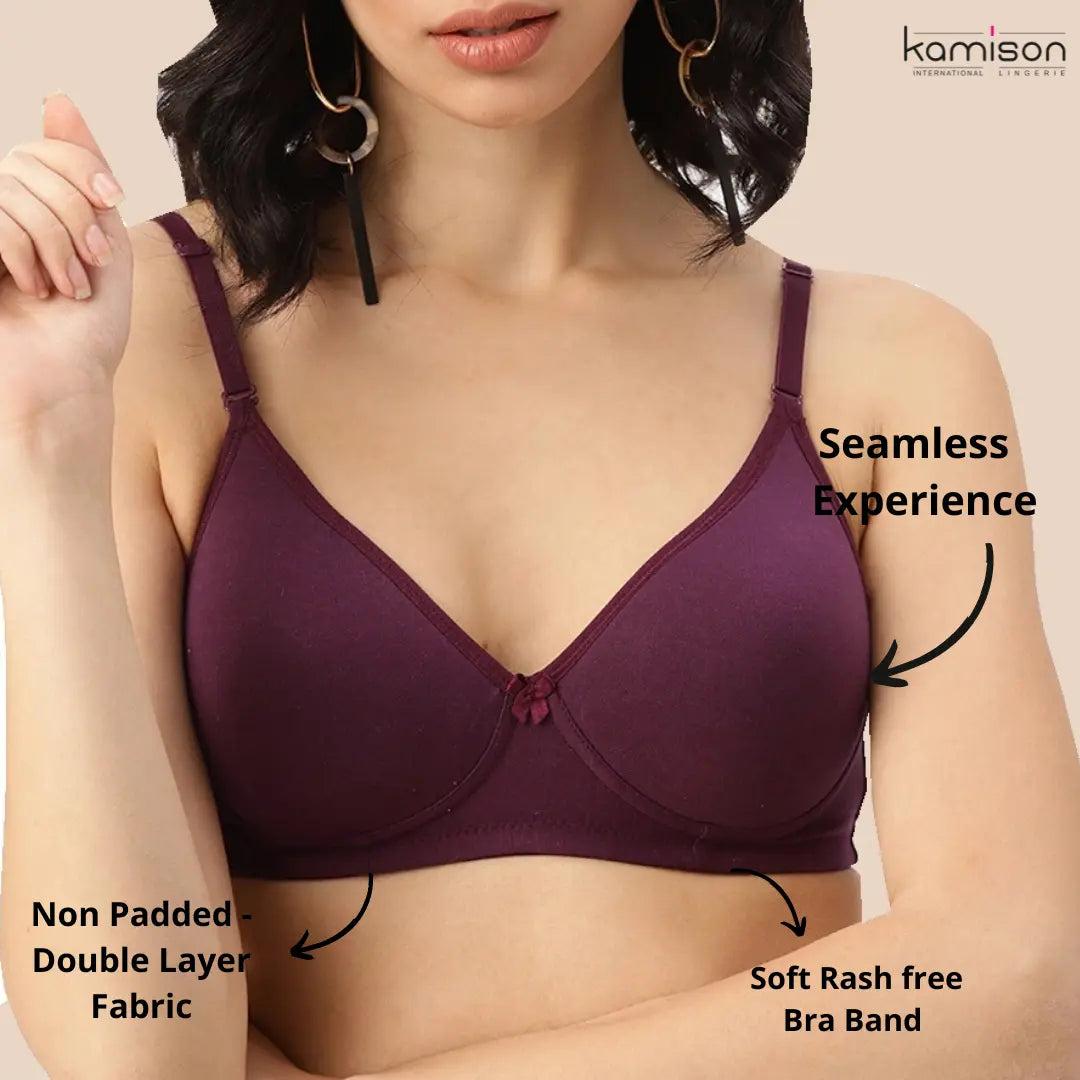 Tshirt Seamless Non Padded Cotton Bra Black Burgundy (Pack of 2)