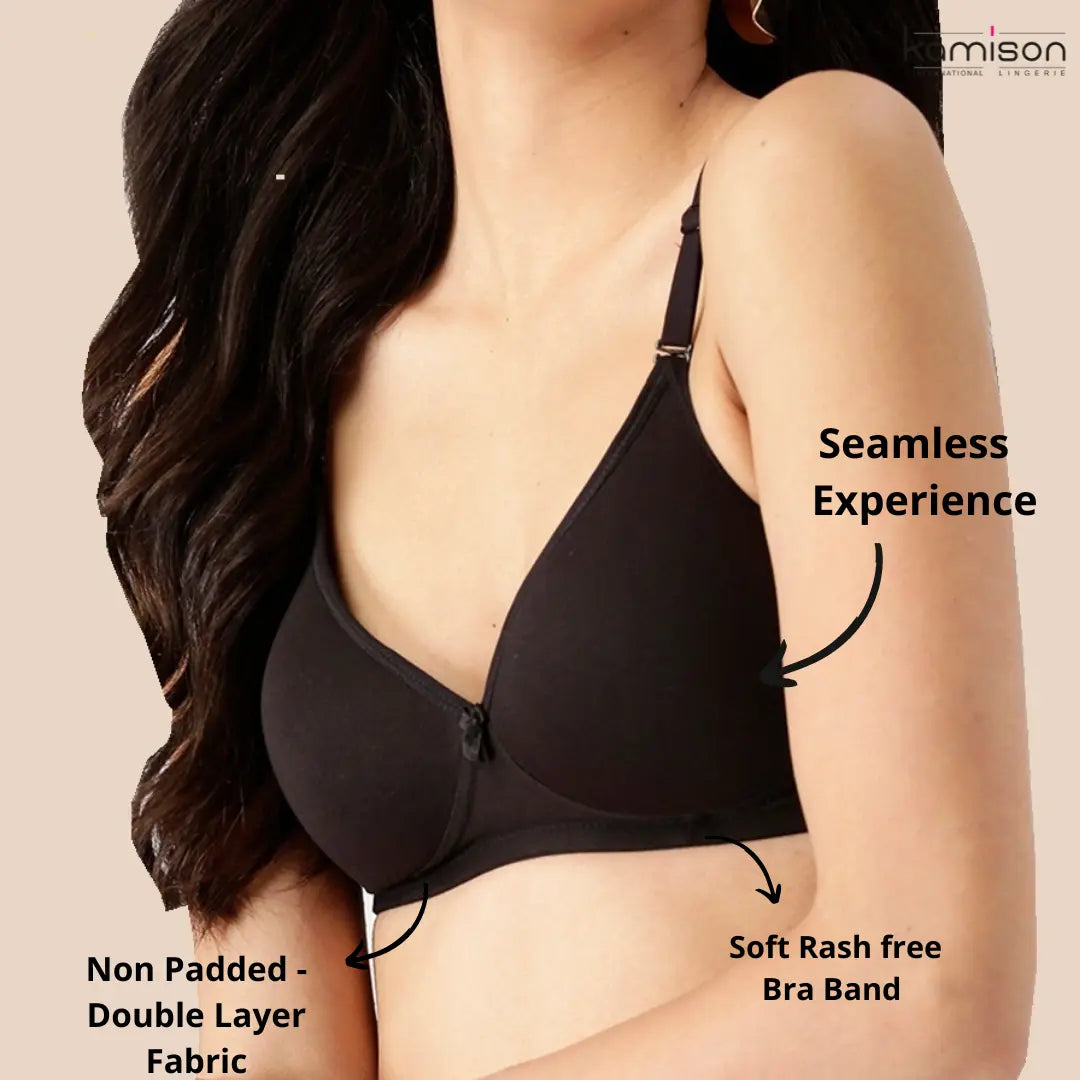 Tshirt Seamless Non Padded Cotton Bra Black Burgundy (Pack of 2)