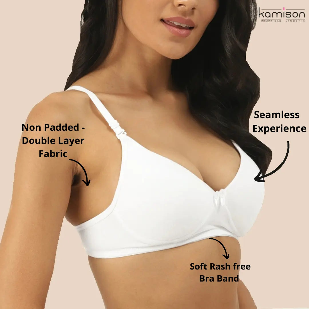 Tshirt Seamless Non Padded Bra Cotton Double Layer White Bra for Girls (Pack of 2)