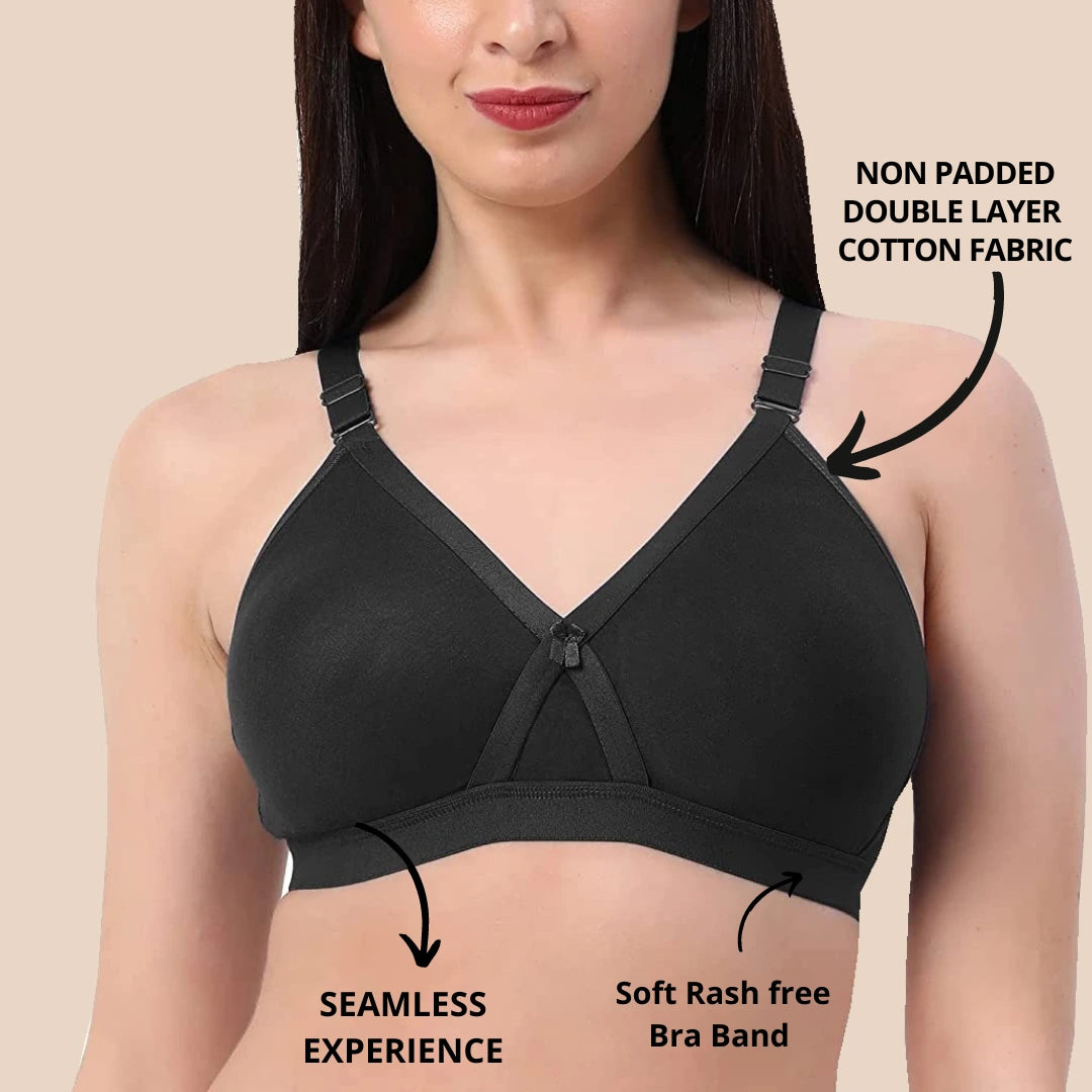 Full Coverage Bra | Double Layer Fabric | Non Padded Bra | B C D Cup Sizes | Kamison 1108 -Black (Pack of 2)