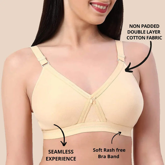 Full Coverage Bra | Double Layer Fabric | Non Padded Bra | B C D Cup Sizes | Kamison 1108 -Skin (Pack of 2)