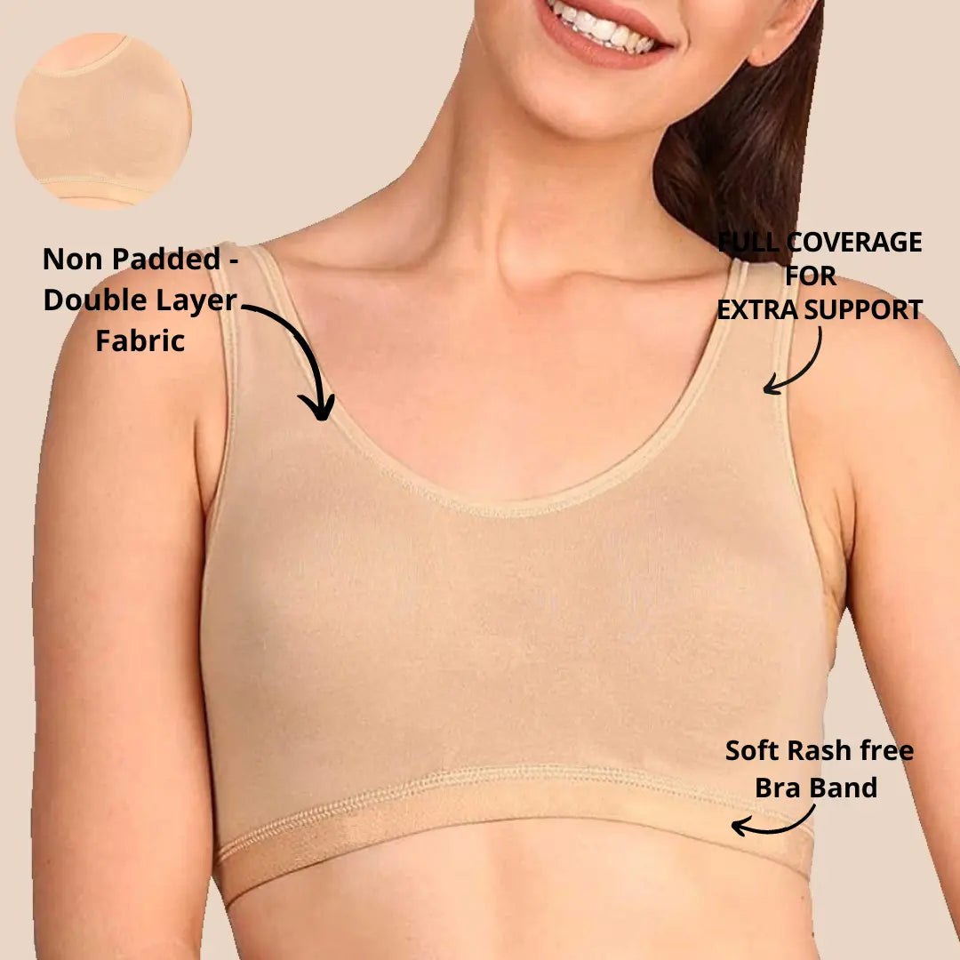 Sports Bra for Girls and Women |Full Coverage | Broad Strap | Non-Padded  |Nude (Pack of 2)