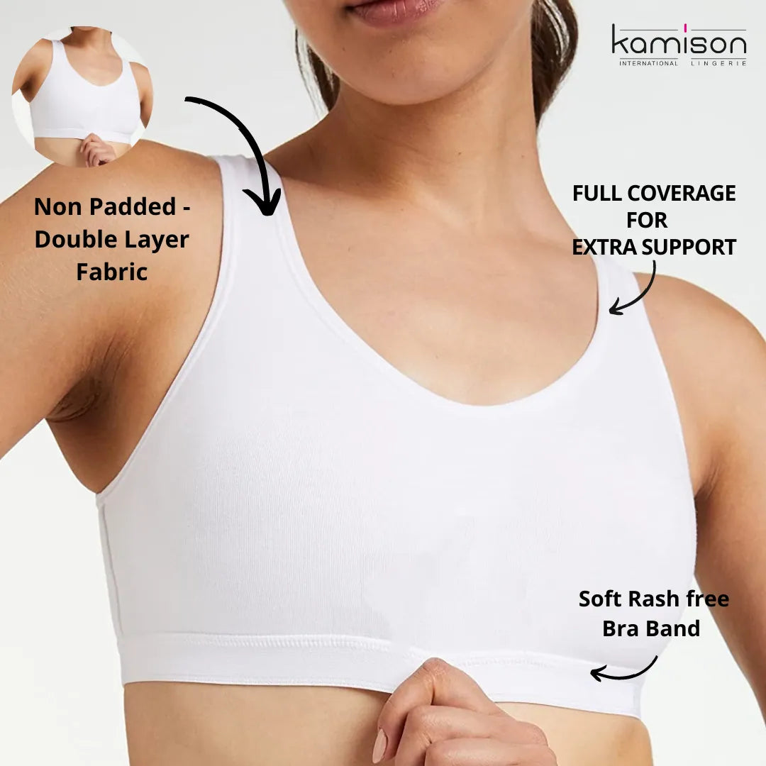 Sports Bra for Girls and Women |Full Coverage | Broad Strap | Non-Padded | White - Nude (Pack of 2)