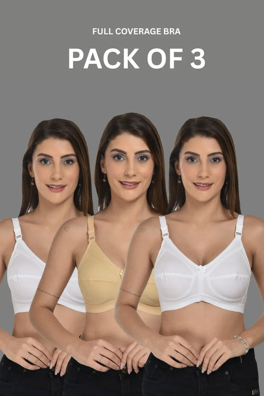 Full Coverage Heavy Bust Minimizer Bra Non Padded White Nude Bra (Pack of 3)