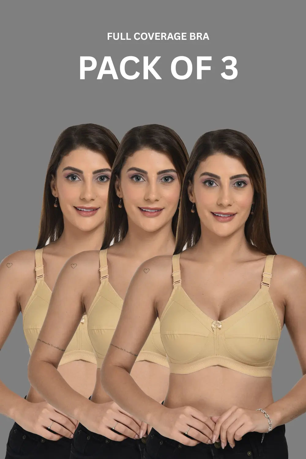 Full Coverage Heavy Bust Minimizer Bra Non Padded White Nude Bra (Pack of 3)