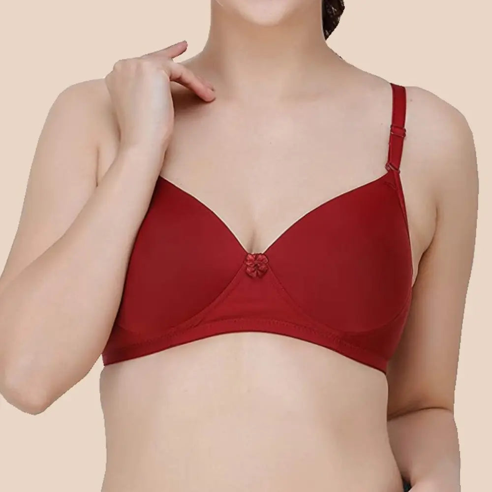 Lightly Padded Polyamide Cotton T-Shirt Bra for Women - Padded, Wireless, 3/4th Coverage maroon (Pack of 2)