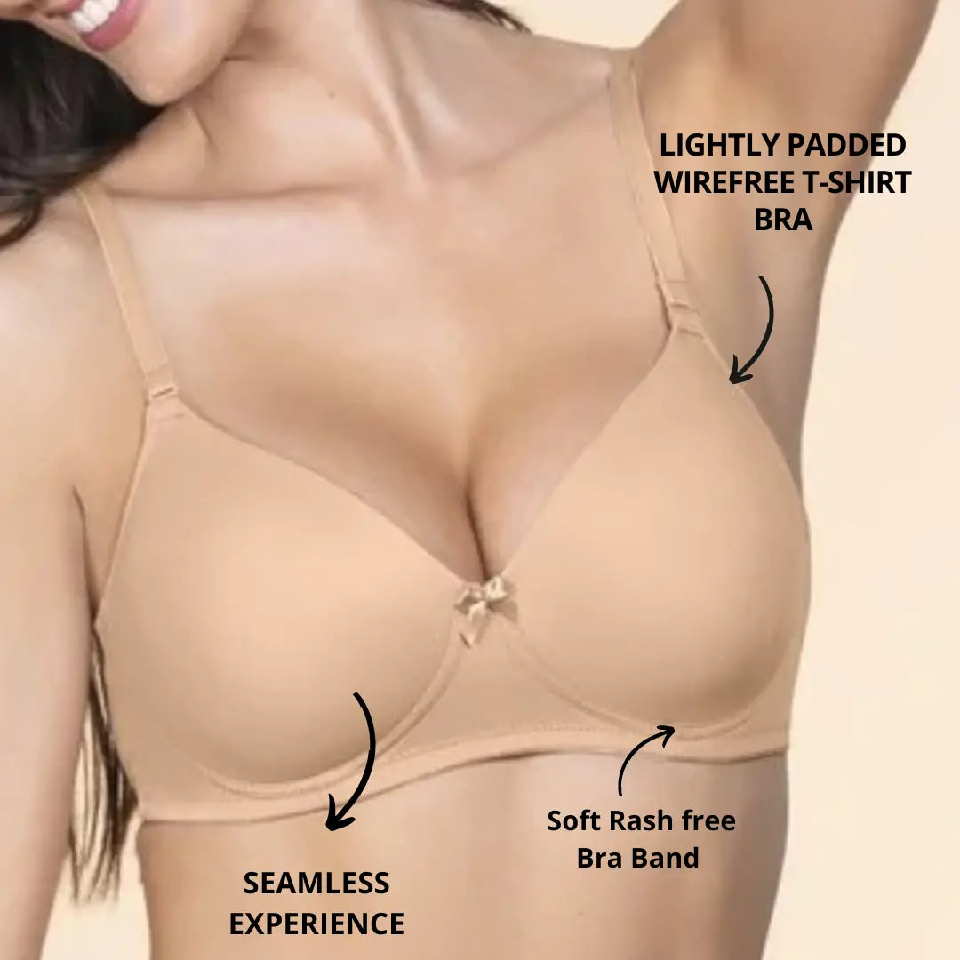Lightly Padded Polyamide Cotton T-Shirt Bra for Women - Padded, Wireless, 3/4th Coverage Nude (Pack of 2)