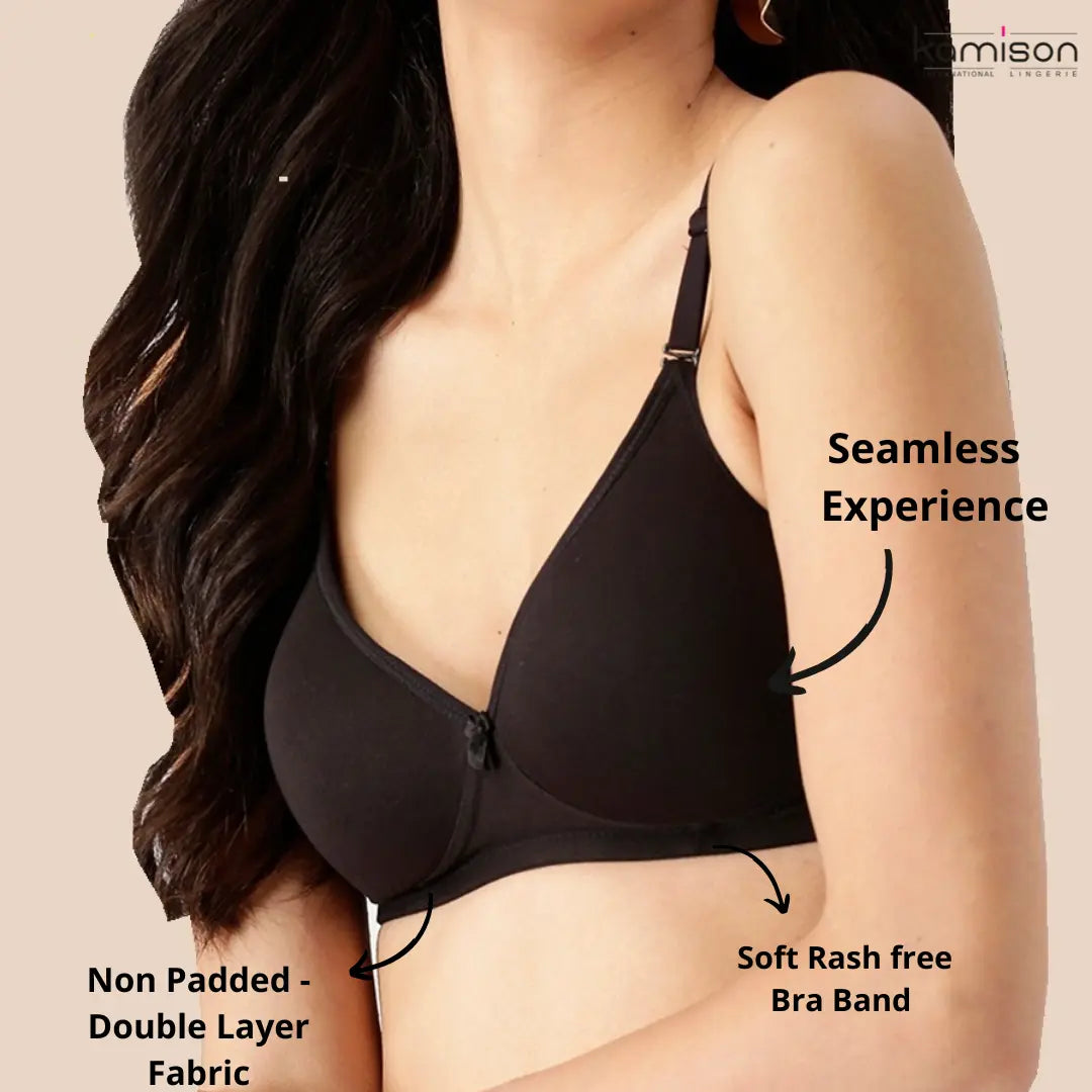 Tshirt Seamless Non Padded Bra Cotton Double Layer Black Bra for