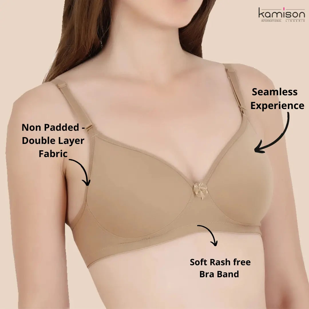 Tshirt Seamless Non Padded Bra Cotton Double Layer Nude Bra for Girls (Pack of 2)