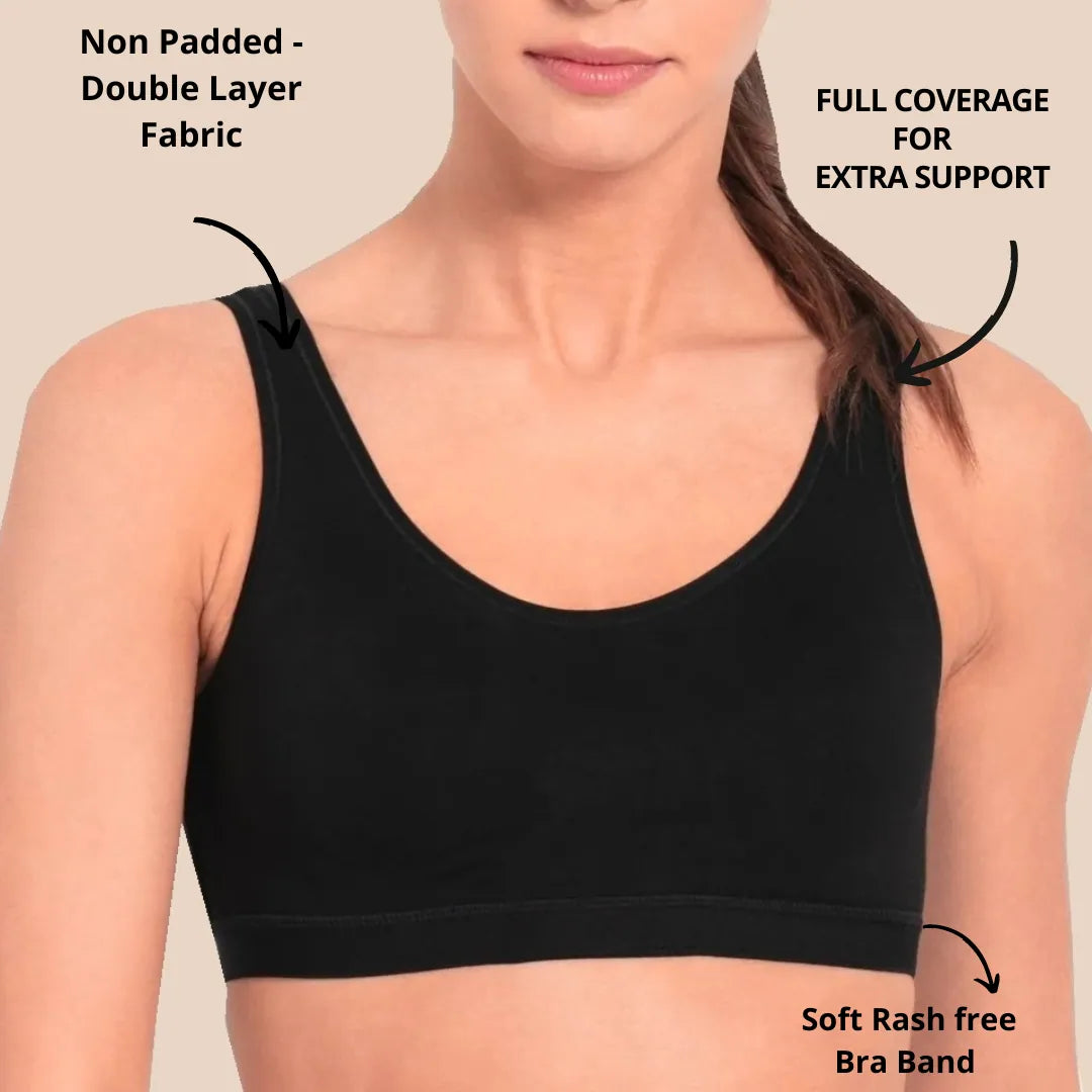 Sports Bra for Girls and Women |Full Coverage | Broad Strap | Non-Padded  |Black  (Pack of 2)